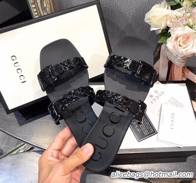 Super Quality Gucci PVC Chain Flat Slide Sandals 022586 All Black