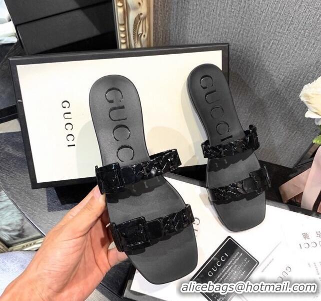 Super Quality Gucci PVC Chain Flat Slide Sandals 022586 All Black