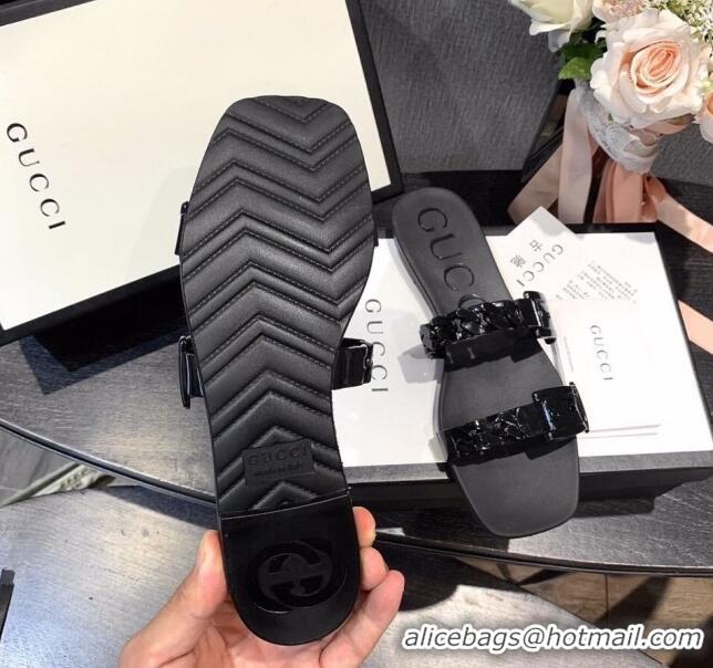 Super Quality Gucci PVC Chain Flat Slide Sandals 022586 All Black