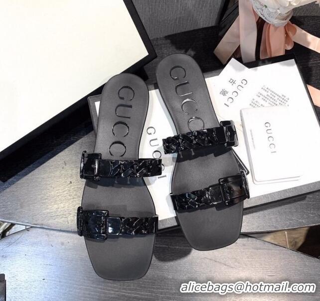 Super Quality Gucci PVC Chain Flat Slide Sandals 022586 All Black