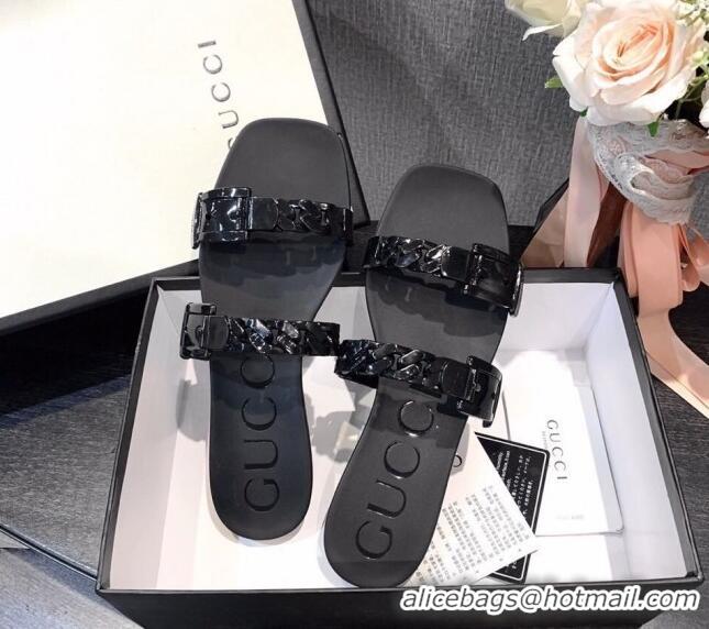 Super Quality Gucci PVC Chain Flat Slide Sandals 022586 All Black