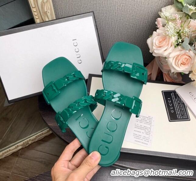 Top Quality Gucci PVC Chain Flat Slide Sandals 022586 Green