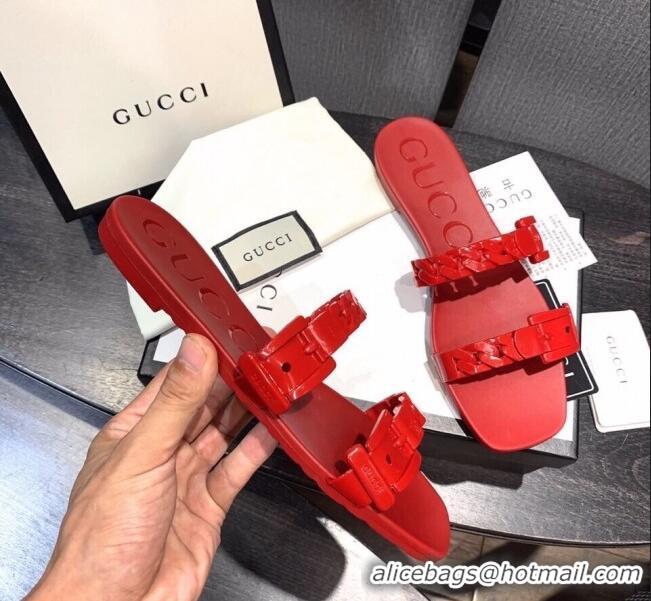 Top Quality Gucci PVC Chain Flat Slide Sandals 022586 Red