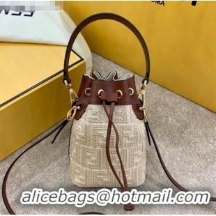 Elegant Fendi Mon Tresor Mini FF Embroidered Bucket Bag FD3105 Beige 2020