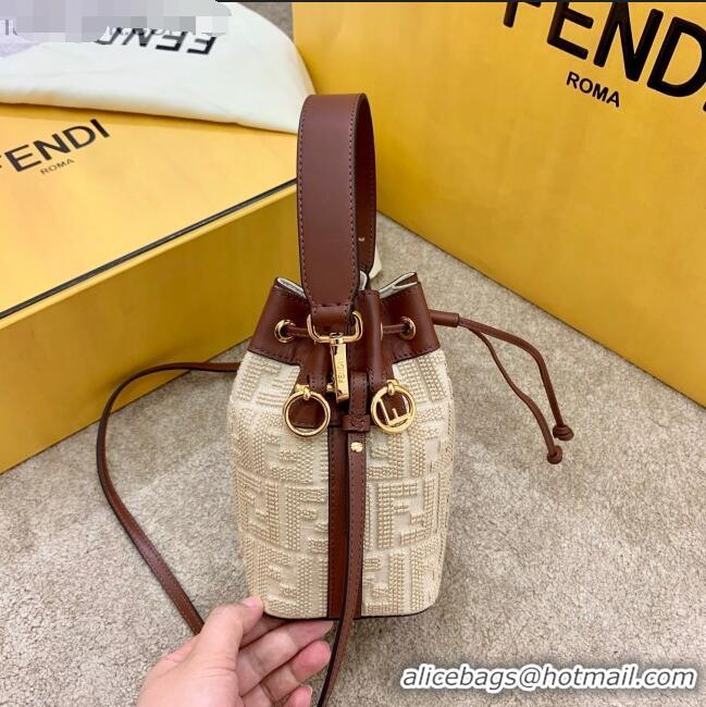 Elegant Fendi Mon Tresor Mini FF Embroidered Bucket Bag FD3105 Beige 2020