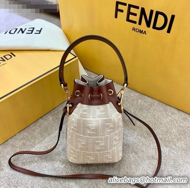 Elegant Fendi Mon Tresor Mini FF Embroidered Bucket Bag FD3105 Beige 2020