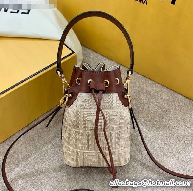 Elegant Fendi Mon Tresor Mini FF Embroidered Bucket Bag FD3105 Beige 2020