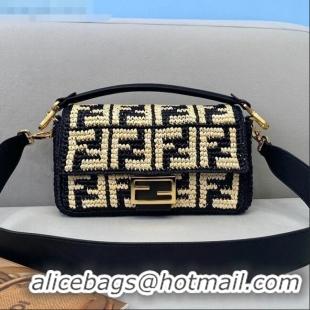 Pretty Style Fendi Raffia Baguette Medium Bag FD1950 Black/Beige 2021