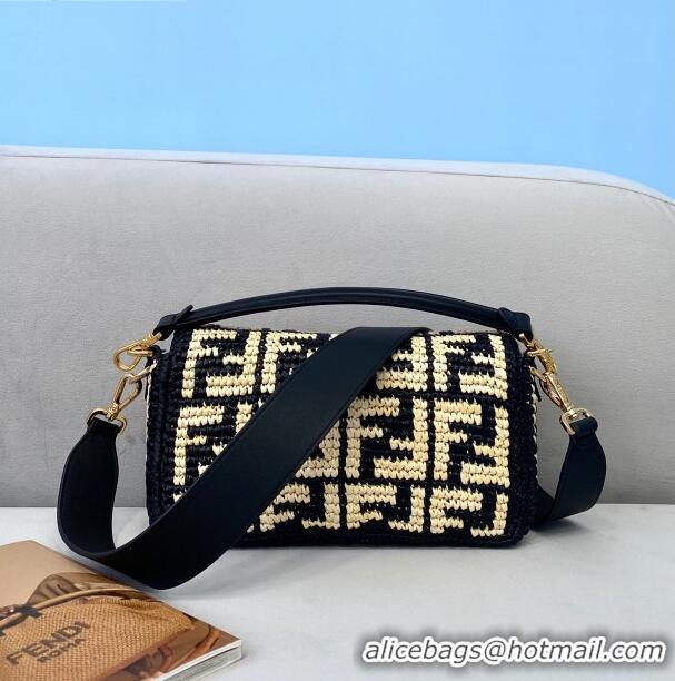 Pretty Style Fendi Raffia Baguette Medium Bag FD1950 Black/Beige 2021