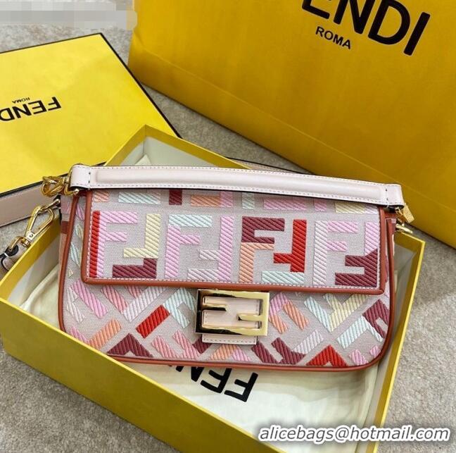 Good Product Fendi Baguette Medium Bag in FF Embroidered Canvas FD0301 Pink/Red 2021