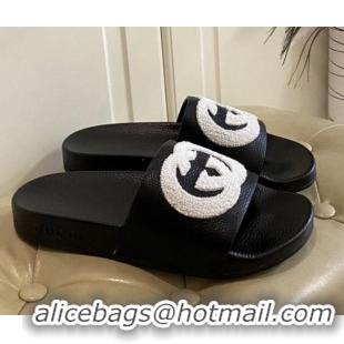 Super Quality Gucci Wool GG Flat Slide Sandals in Grained Calfskin 031105 Black