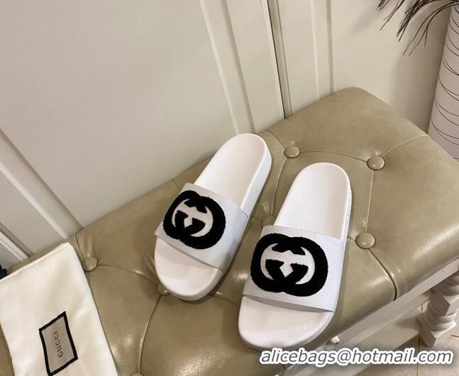 Good Quality Gucci Wool GG Flat Slide Sandals in Grained Calfskin 031105 White