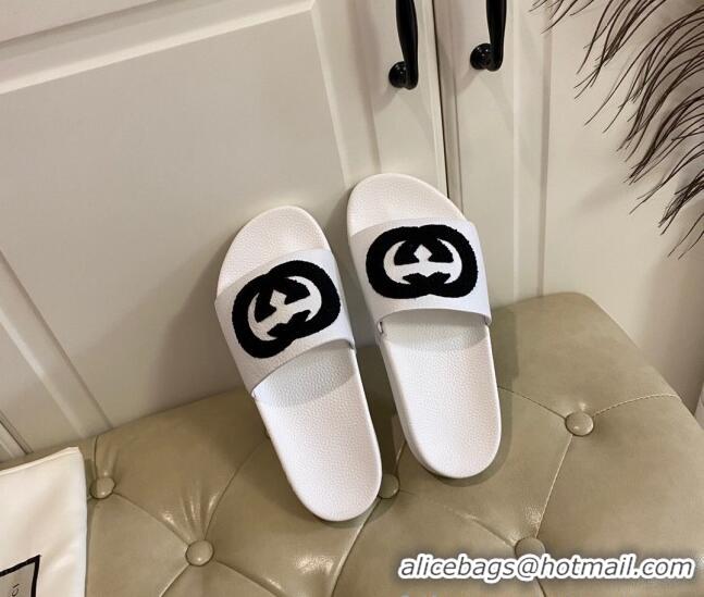 Good Quality Gucci Wool GG Flat Slide Sandals in Grained Calfskin 031105 White