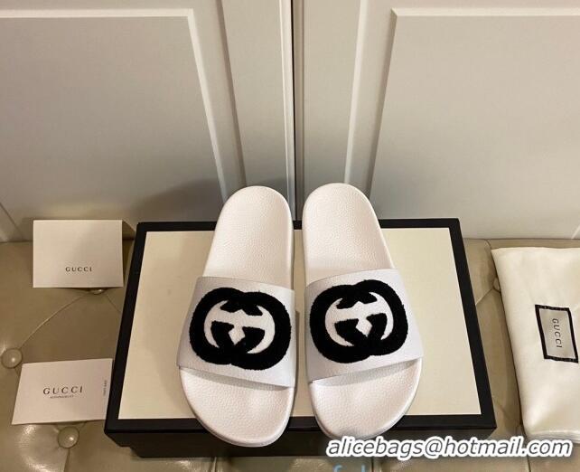 Good Quality Gucci Wool GG Flat Slide Sandals in Grained Calfskin 031105 White