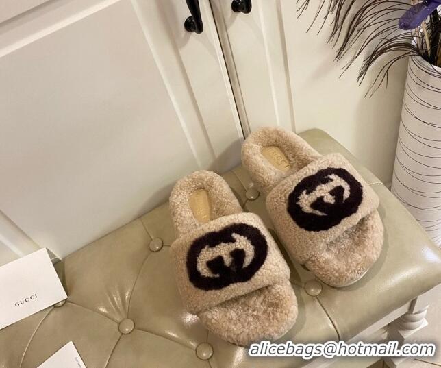 Good Product Gucci Shearling Wool GG Flat Slide Sandals 031105 Beige