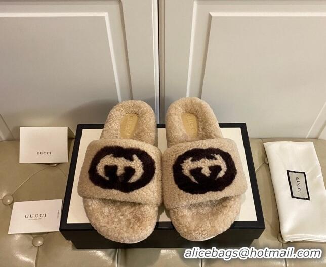 Good Product Gucci Shearling Wool GG Flat Slide Sandals 031105 Beige