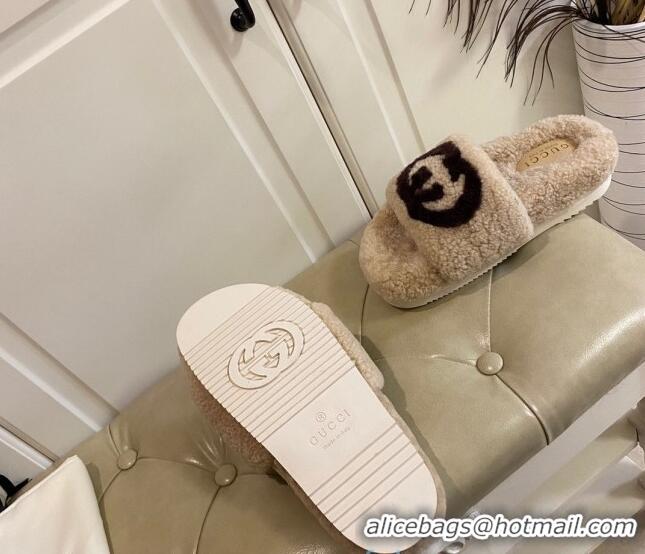 Good Product Gucci Shearling Wool GG Flat Slide Sandals 031105 Beige