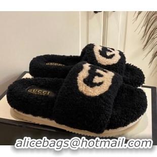 Top Quality Gucci Shearling Wool GG Flat Slide Sandals 031105 Black