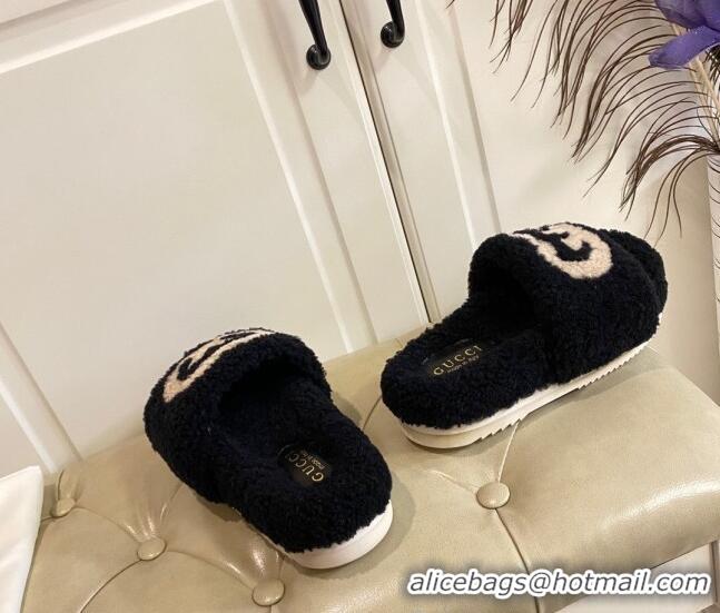 Top Quality Gucci Shearling Wool GG Flat Slide Sandals 031105 Black