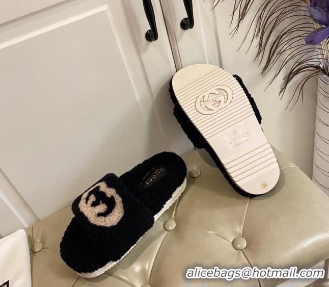 Top Quality Gucci Shearling Wool GG Flat Slide Sandals 031105 Black