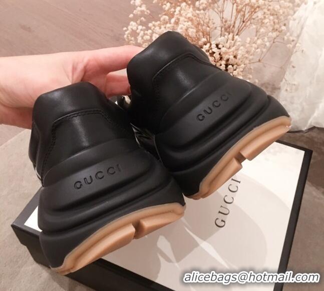 Low Cost Gucci Rhyton Sneakers in Band Print Leather 031155 Black 2021