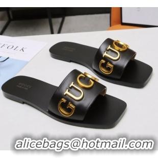 Reasonable Price Gucci Gold Signature Calfskin Slide Sandals 032933 Black 2021