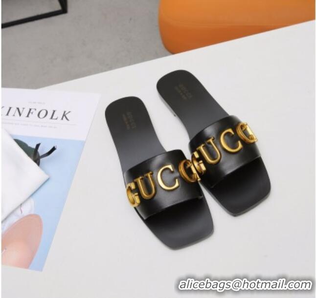 Reasonable Price Gucci Gold Signature Calfskin Slide Sandals 032933 Black 2021