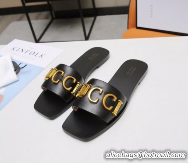 Reasonable Price Gucci Gold Signature Calfskin Slide Sandals 032933 Black 2021