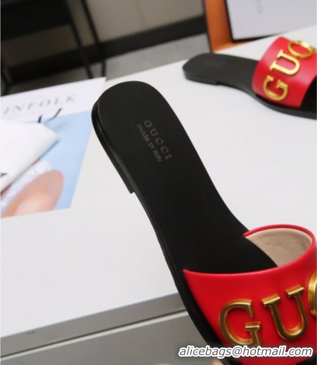 Affordable Price Gucci Gold Signature Calfskin Slide Sandals 032933 Red 2021