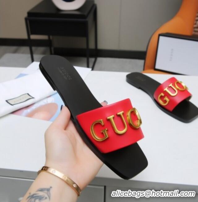 Affordable Price Gucci Gold Signature Calfskin Slide Sandals 032933 Red 2021