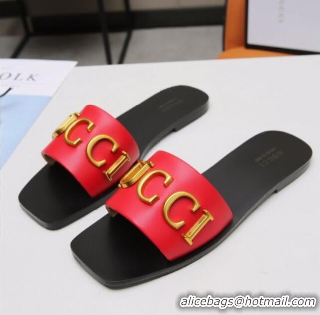 Affordable Price Gucci Gold Signature Calfskin Slide Sandals 032933 Red 2021