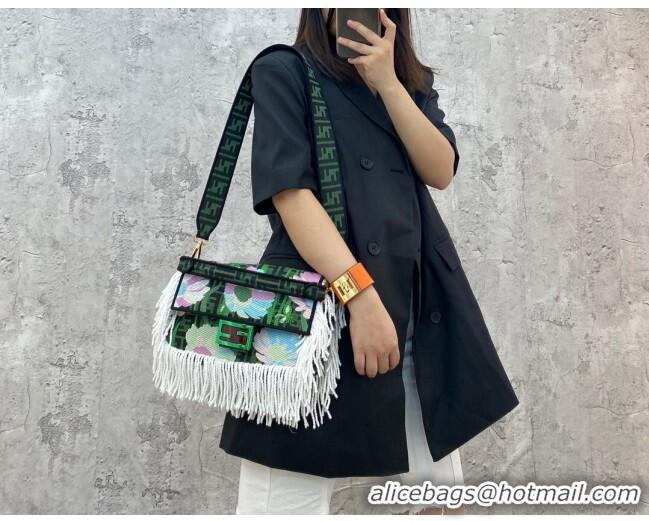 Top Quality Fendi Baguette Medium Bag in FD0424 Green Embroidered FF Canvas with Fringe 2021