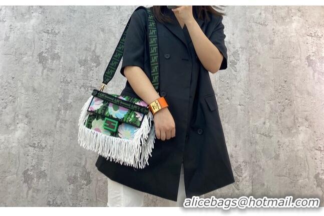 Top Quality Fendi Baguette Medium Bag in FD0424 Green Embroidered FF Canvas with Fringe 2021