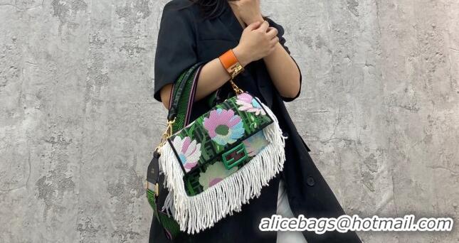 Top Quality Fendi Baguette Medium Bag in FD0424 Green Embroidered FF Canvas with Fringe 2021