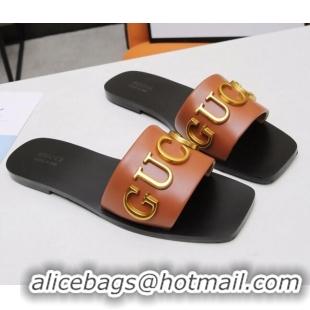 Discount Gucci Gold Signature Calfskin Slide Sandals 032933 Brown 2021