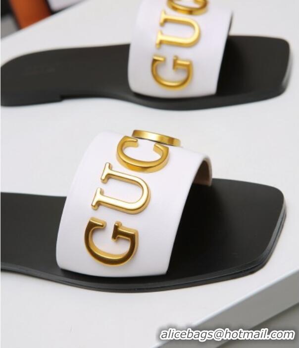 Best Design Gucci Gold Signature Calfskin Slide Sandals 032933 White 2021