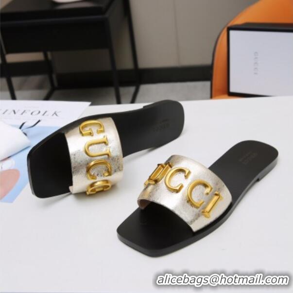 Charming Gucci Gold Signature Calfskin Slide Sandals 032933 Gold 2021