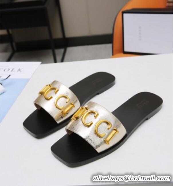 Charming Gucci Gold Signature Calfskin Slide Sandals 032933 Gold 2021