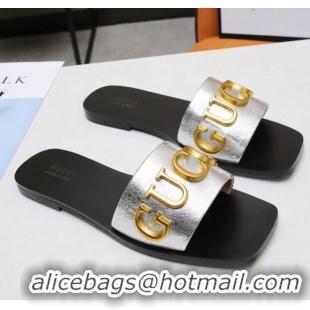 New Design Gucci Gold Signature Calfskin Slide Sandals 032933 Silver 2021