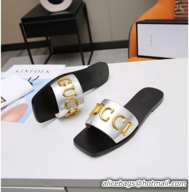 New Design Gucci Gold Signature Calfskin Slide Sandals 032933 Silver 2021