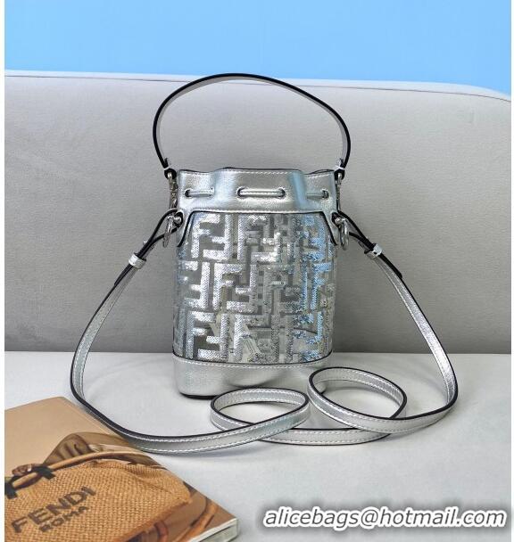 Top Design Fendi Mon Tresor Mini Bucket Bag FF Sequins FD1911 Silver 2021