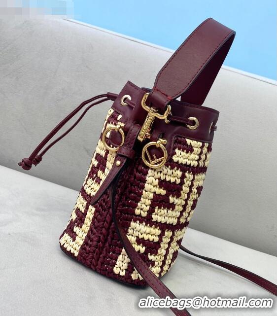 Pretty Style Fendi Raffia Mon Tresor Mini Bucket Bag FD2006 Burgundy 2021