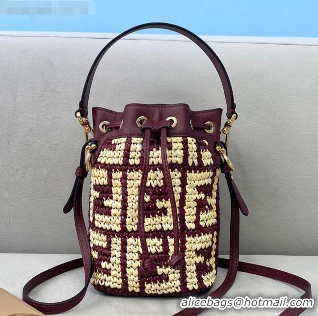 Pretty Style Fendi Raffia Mon Tresor Mini Bucket Bag FD2006 Burgundy 2021