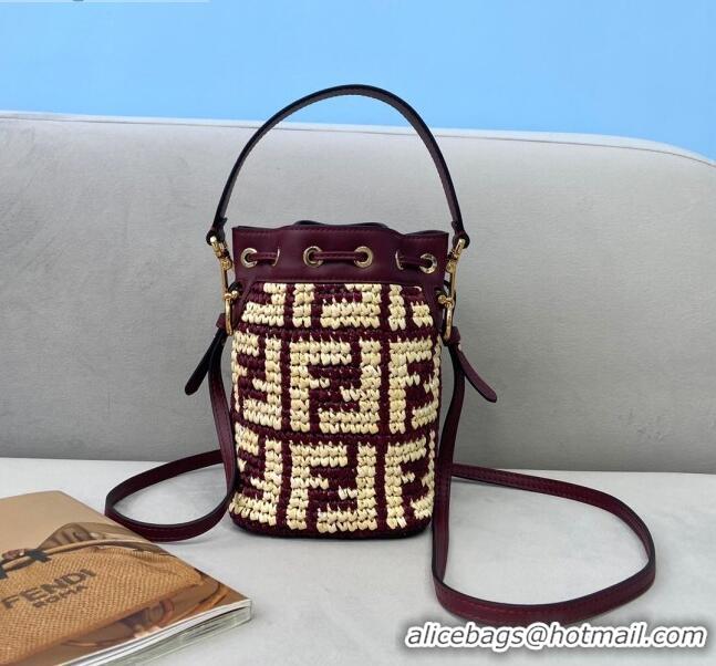 Pretty Style Fendi Raffia Mon Tresor Mini Bucket Bag FD2006 Burgundy 2021