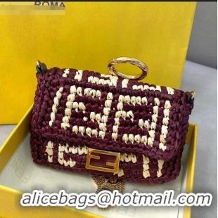 Famous Brand Fendi Woven Raffia Nano Baguette Charm FD2009 Burgundy 2020