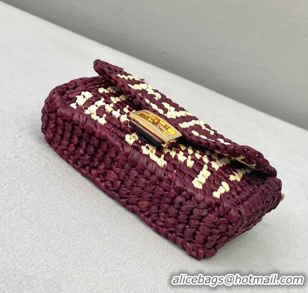 Famous Brand Fendi Woven Raffia Nano Baguette Charm FD2009 Burgundy 2020