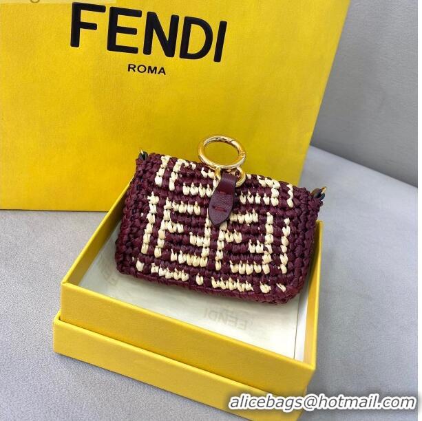 Famous Brand Fendi Woven Raffia Nano Baguette Charm FD2009 Burgundy 2020