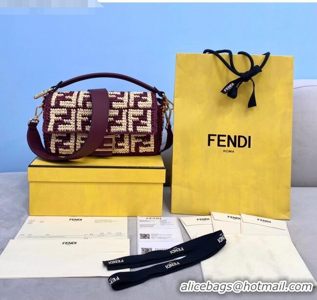 Popular Style Fendi Raffia Baguette Medium Bag FD2010 Burgundy 2021