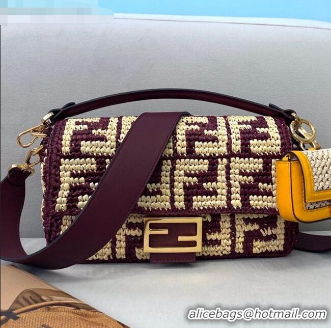 Popular Style Fendi Raffia Baguette Medium Bag FD2010 Burgundy 2021