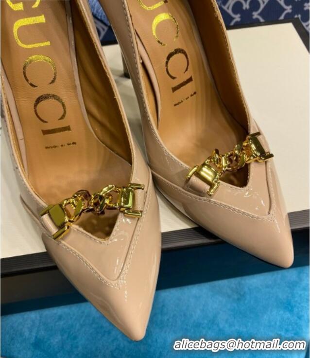 Cheap Gucci Glaze Leather Chain Pointed Pumps Nude 2021